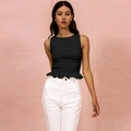 Women's slim fit black sleeveless smocked crop top with ruffle hem and high elasticity - S / Black