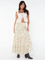 Detail of a tiered floral maxi skirt with ruffle trim crop top on a fashion model - S / Rainbow