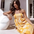 Yellow tropical pineapple print summer maxi dress with thin adjustable straps - S / Yellow