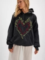 Women oversized embroidered hoodie in washed grey with unique flame heart pattern - S / Washed Black