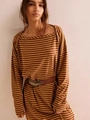 Lockeres gestreiftes Langarmkleid mit gelben Querstreifen und Ledergürtel für Damen - S / Hellbraun