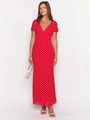 Elegantes rotes Maxikleid mit weißen Punkten, V-Ausschnitt und hoher Taille - S / Orangerot