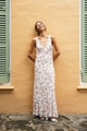 Sleeveless V-neck maxi dress featuring pink rose floral print and high waist cut - Rose Floral