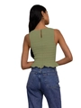 Detail of smocked sleeveless green top showing back keyhole cutout and ruffled hemline - Green