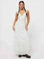 White high-waist maxi dress with light blue floral print and V-neckline for women - Blue Round Floral