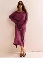 Damen-Maxikleid mit Langarm und pink-violetten Querstreifen in lockerer Passform - S / Lila