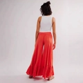 Detail of coral orange tiered ruffle wide-leg pants with light cotton-linen texture - S / Orange Red