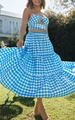 Summer blue plaid two-piece crop top and tiered maxi skirt set for women with buttons - Blue