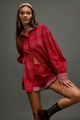 Ensemble 2 pièces pour femmes à carreaux rouges avec chemise longue, short et bandeau - Rouge