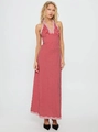 Detail van rode gingham maxi-jurk met roze kanten rand aan de hals en de zoom - S / Rood