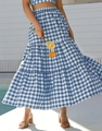 Blue and white gingham two-piece summer set with cropped top and tiered maxi skirt - Teal