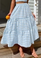 Summer high waist blue and white gingham tiered maxi skirt in lightweight fabric - Light Blue