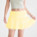 Mini-jupe jaune clair à volants avec bordure en dentelle et taille à cordon réglable - S / Jaune clair