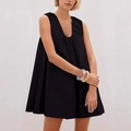 Chic black sleeveless A-line mini dress with a deep pleated V-neckline for summer - Black
