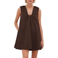 Sleeveless V-neck A-line dress in deep brown with pleated details and loose fit - Coffee