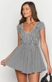Slim fit black and white gingham mini dress with smocked bodice and V-neck tie detail - Black