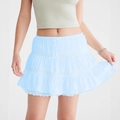 Light blue multi-layered tiered skirt with lace trim and elastic waist for summer - Light Blue