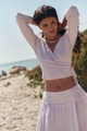 Conjunto de top cruzado acanalado rosa claro de manga larga y falda de volantes - S / Rosa Claro