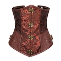 Vintage steampunk korset van donkerrode jacquardstof met bronzen metalen haakjes - S / koffiekleur