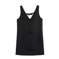 Detalle de vestido negro de terciopelo con cuello en V, lazos decorativos y corte evasé - XS / Negro