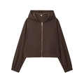 Detail eines braunen, kurzen Zip-Hoodies mit feiner Stoffstruktur und elastischen Bündchen - XS / Dunkelbraunes Oberteil