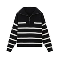 Pull rayé pour femmes avec col polo zippé et manches longues style marin - S / Noir