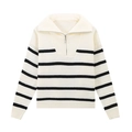 Pull rayé minimaliste pour femmes avec col polo zippé et poignets en maille côtelée - S / Blanc Cassé