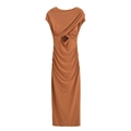 Slim fit caramel open back dress with side ruching and elegant waist cutout detail - S / Caramel color