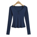 T-shirt manches longues côtelé bleu marine avec dentelle et col en U boutonné - S / Bleu marine