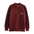 Pull en maille bordeaux pour femme avec demi-zip, écusson 1990 et rayures noires - S / Bordeaux