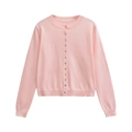 Gilet en maille rose clair avec col rond et boutons nacrés présenté à plat à plat - XS / Rose