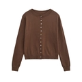 Gilet en maille marron foncé pour femme avec col rond et boutons nacrés élégants - XS / café