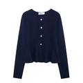 Women's navy blue knitted cardigan with floral buttons and elegant peplum hem detail - XS / Tops