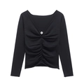 Slim fit black V-neck knit top featuring silver bead detail and ruched front design - XS / Black
