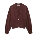 Dunkelbrauner Strickcardigan mit V-Ausschnitt, Goldknopf und weichen Rippbündchen für Damen - S / Rotbraun