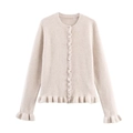 Dettaglio dei bordi a volant e piccoli bottoni sul cardigan in maglia bianco crema - S / Bianco Sporco