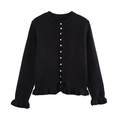 Dettaglio del cardigan in maglia nera con bottoni bianchi e polsini a volant - S / Nero