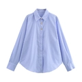 Dames linnen overhemd met blauwe verticale strepen, metalen knopen en een losse pasvorm - XS / Blauwe Streep