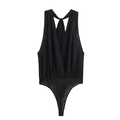 Detail of black mesh halter bodysuit with deep V-neckline and sheer textured fabric - S / Black