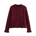 Cardigan in maglia bordeaux da donna con bordi a volant e scollo rotondo classico - S / Borgogna
