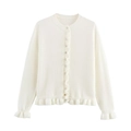 Cardigan bianco minimalista in maglia con girocollo e bordi decorativi a volant - S / Avorio