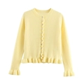 Cardigan in maglia giallo tenue a maniche lunghe con bordi a balze e girocollo - S / Giallo