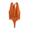 Caramel backless halter neck bodysuit with draped deep V-neck and thin shoulder straps - S / Orange Red
