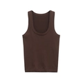 Women's minimalist deep U-neck knit tank top in chocolate brown with ribbed hem - S / Brown