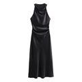 Elegante vestido largo de satén negro sin mangas con cuello drapeado y pliegues laterales - XS / Negro