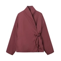 Chaqueta acolchada burdeos de corte cruzado con cinturón y cuello tipo kimono - S / Rojo Oscuro