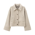 Detail of oatmeal felt jacket showing classic collar and dark button closure - XS / Milky White