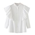 Elegante witte damesoverhemd met lange mouwen, gelaagde ruches en een opstaande kraag - XS / Wit