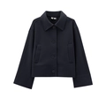 Women's dark blue short wool coat with classic lapel and oversized buttons in boxy fit - XS / Dark Blue