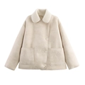Women's chic beige faux suede jacket with fleece collar and large patch pockets - XS / Tops / Off White